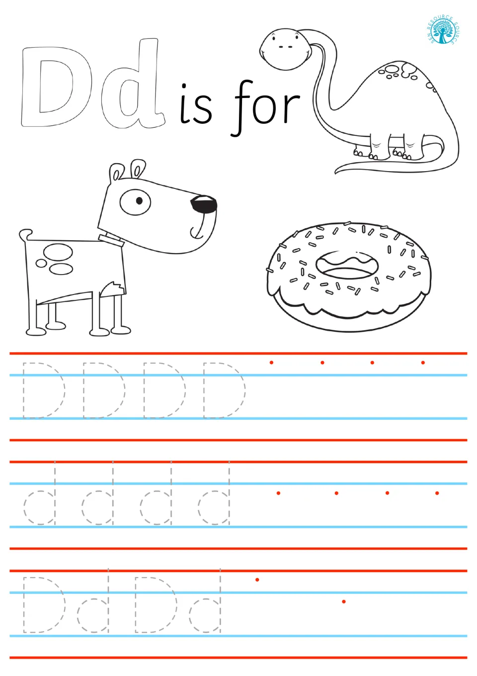 Dd is for dinosaur, dog and donut: students trace dashed D, d and Dd and then copy each form independently from red dots