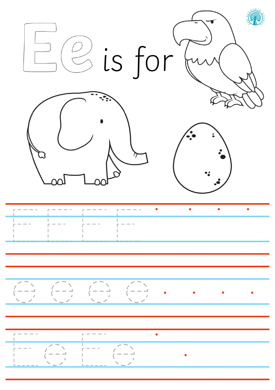 Ee is for eagle, elephant and egg: students color the pictures, trace dashed E, e and Ee, then write the letter alone