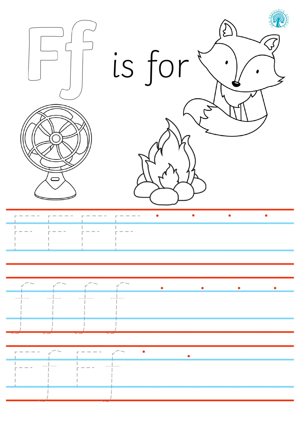 Ff is for fan, fire and fox: students trace dashed F, f and Ff, then practise writing each letter starting at red dots