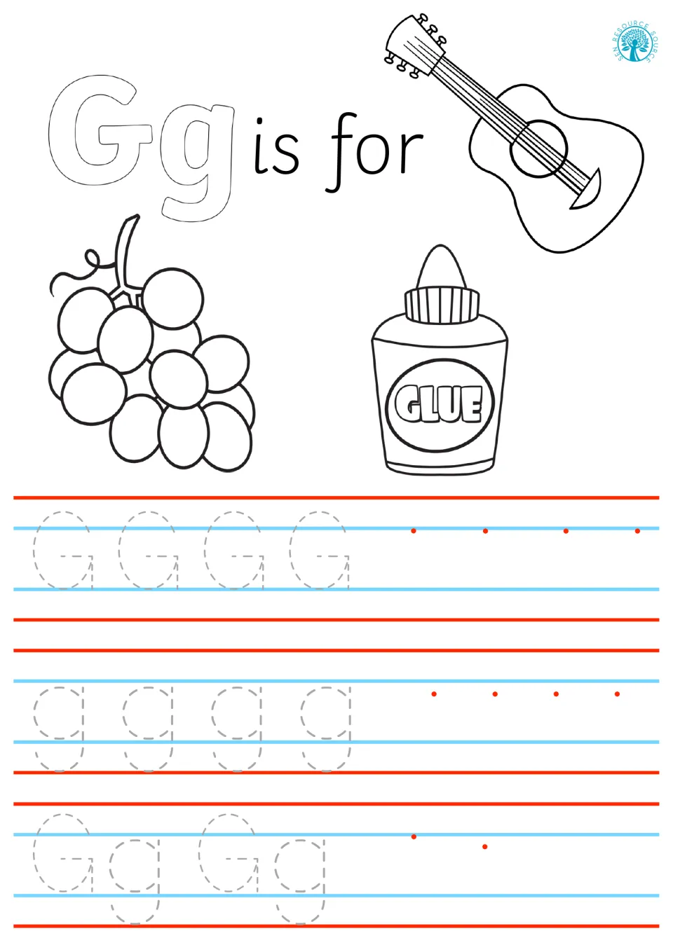 Gg is for guitar, grapes and glue: students trace dashed G, g and Gg, noting the g tail, then write each from red dots