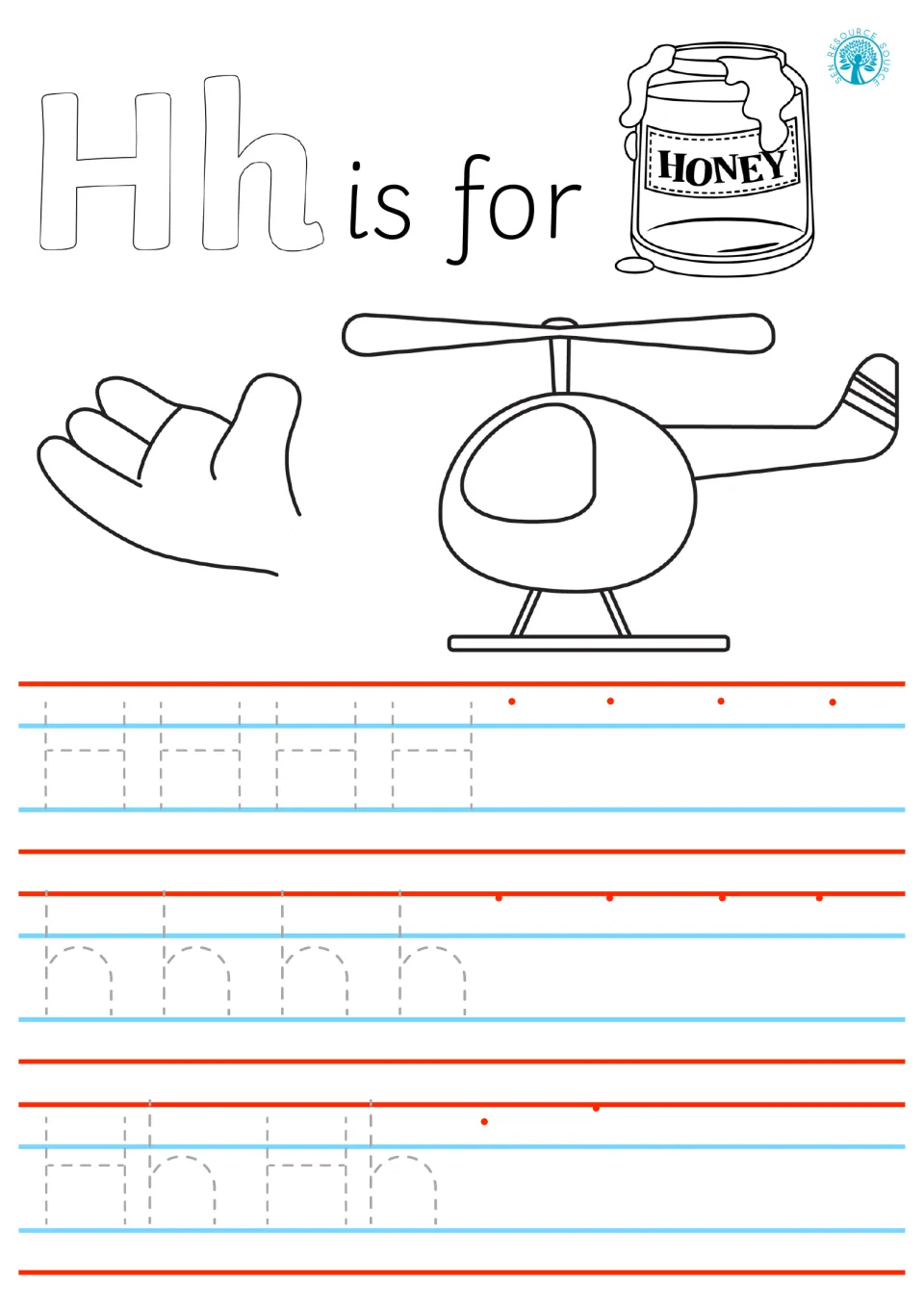 Hh is for honey, hand and helicopter: students trace dashed H, h and Hh, then write the letters on their own at red dots