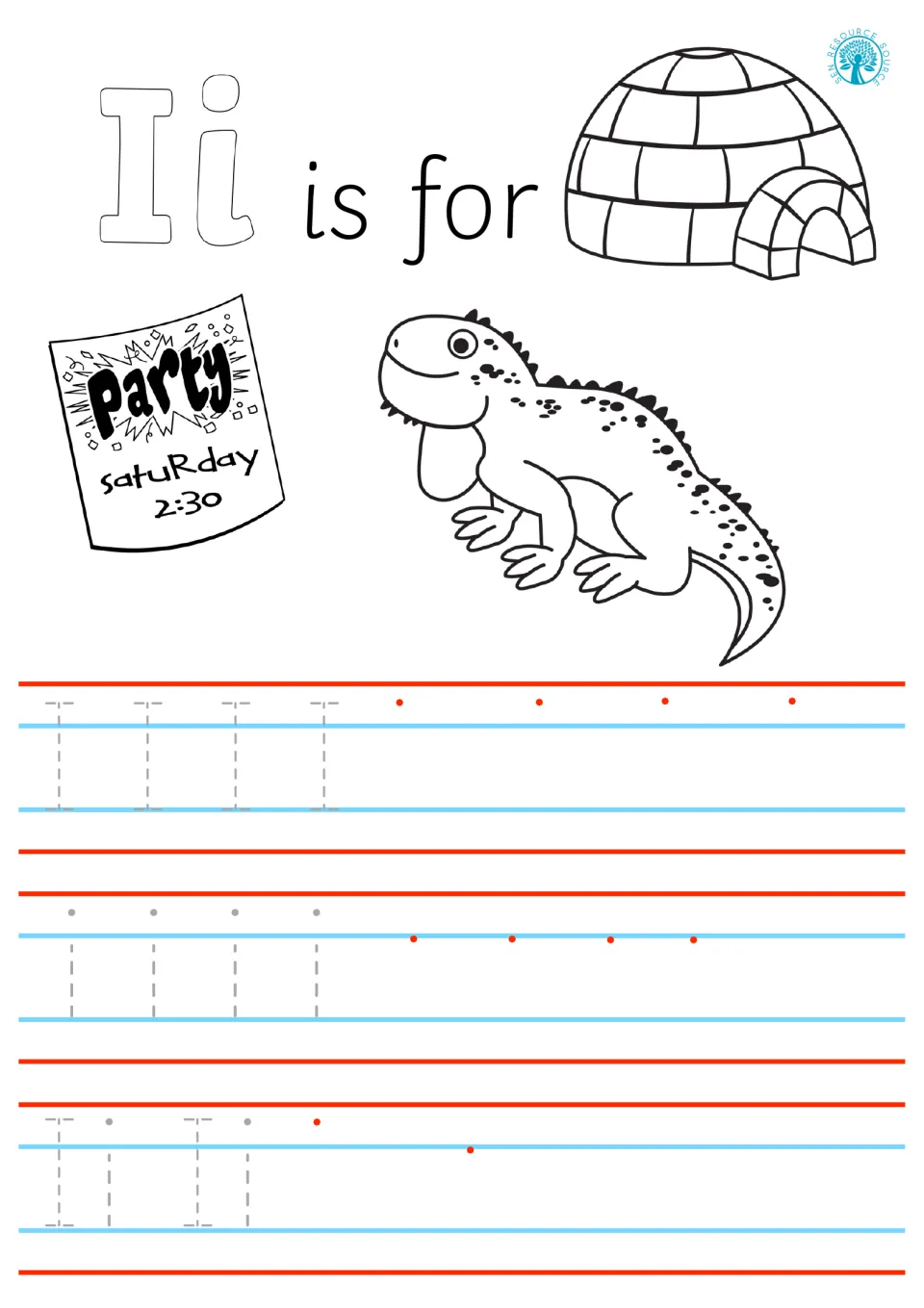 Ii is for igloo, invitation and iguana: students trace dashed I, i and Ii, then form each letter independently at red dots