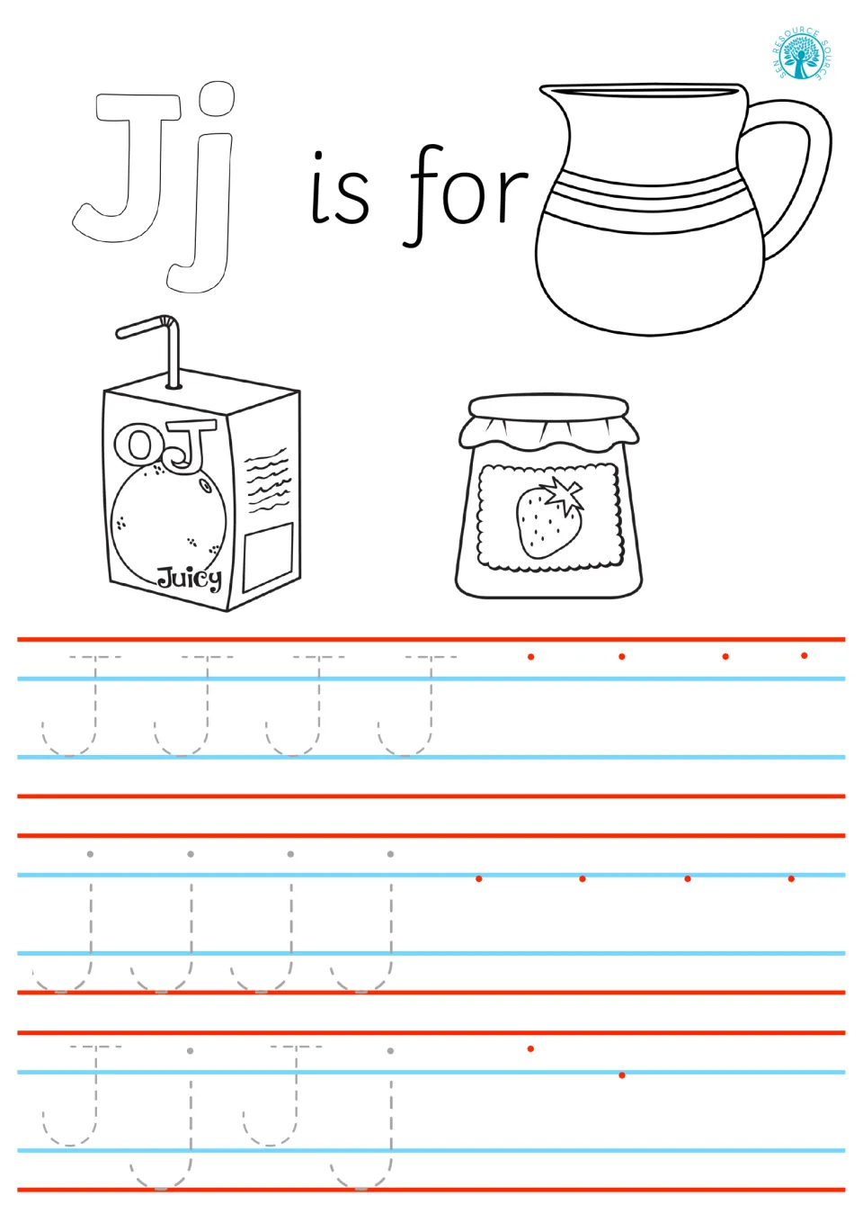 Jj is for jug, juice and jam: students color, trace dashed J, j and Jj with descending tails, then write them from red dots