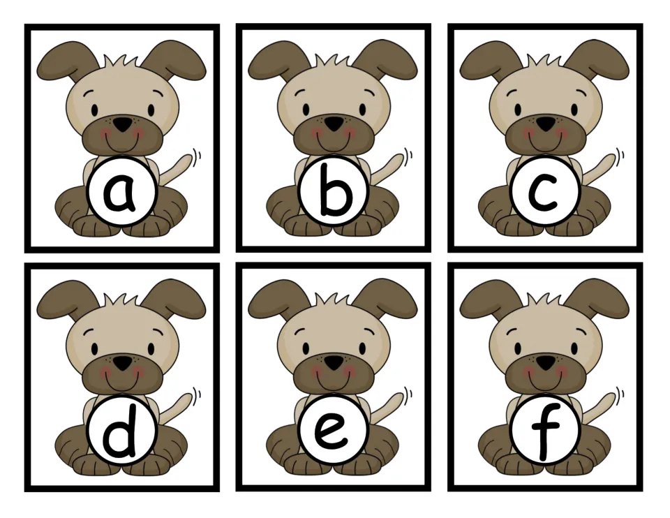 Lowercase letter cards a to f: six puppies each hold a circle with a small letter, to match its capital doghouse card
