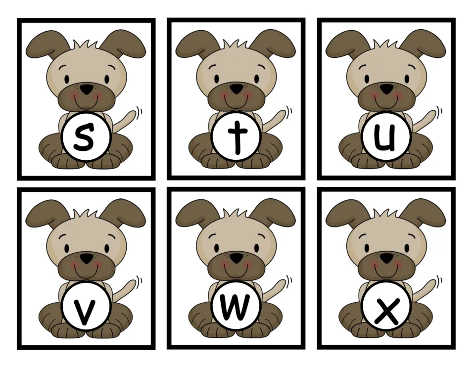 Lowercase letter cards s to x: puppies holding s, t, u, v, w and x, to match each small letter to its capital