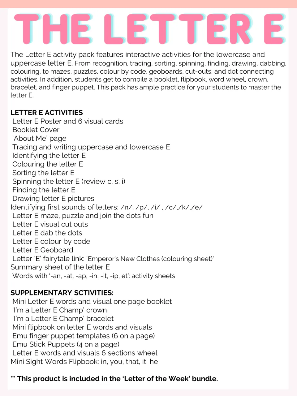 Letter E pack contents list: tracing, mazes, dab the dots, colour by code, geoboard, crown, bracelet and emu puppets