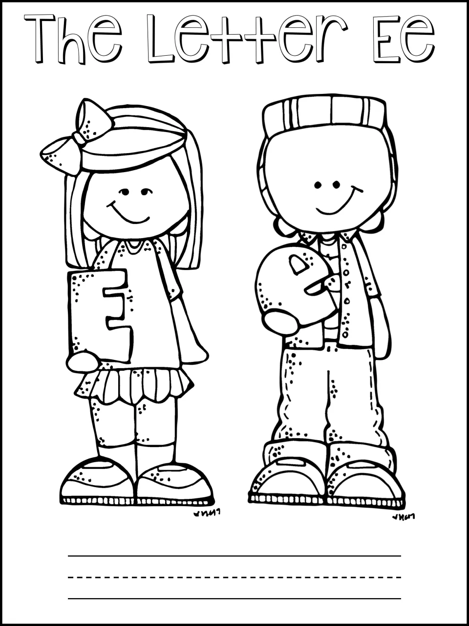 The Letter Ee booklet cover to colour: a girl holds an uppercase E and a boy holds a lowercase e, with a line for a name