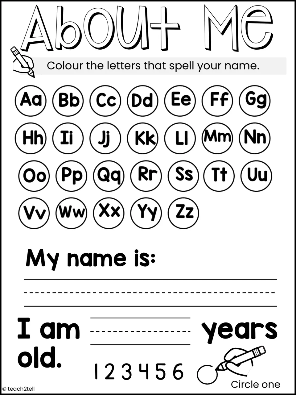 About Me page: students colour the letters that spell their name, write their name and circle their age from 1 to 6