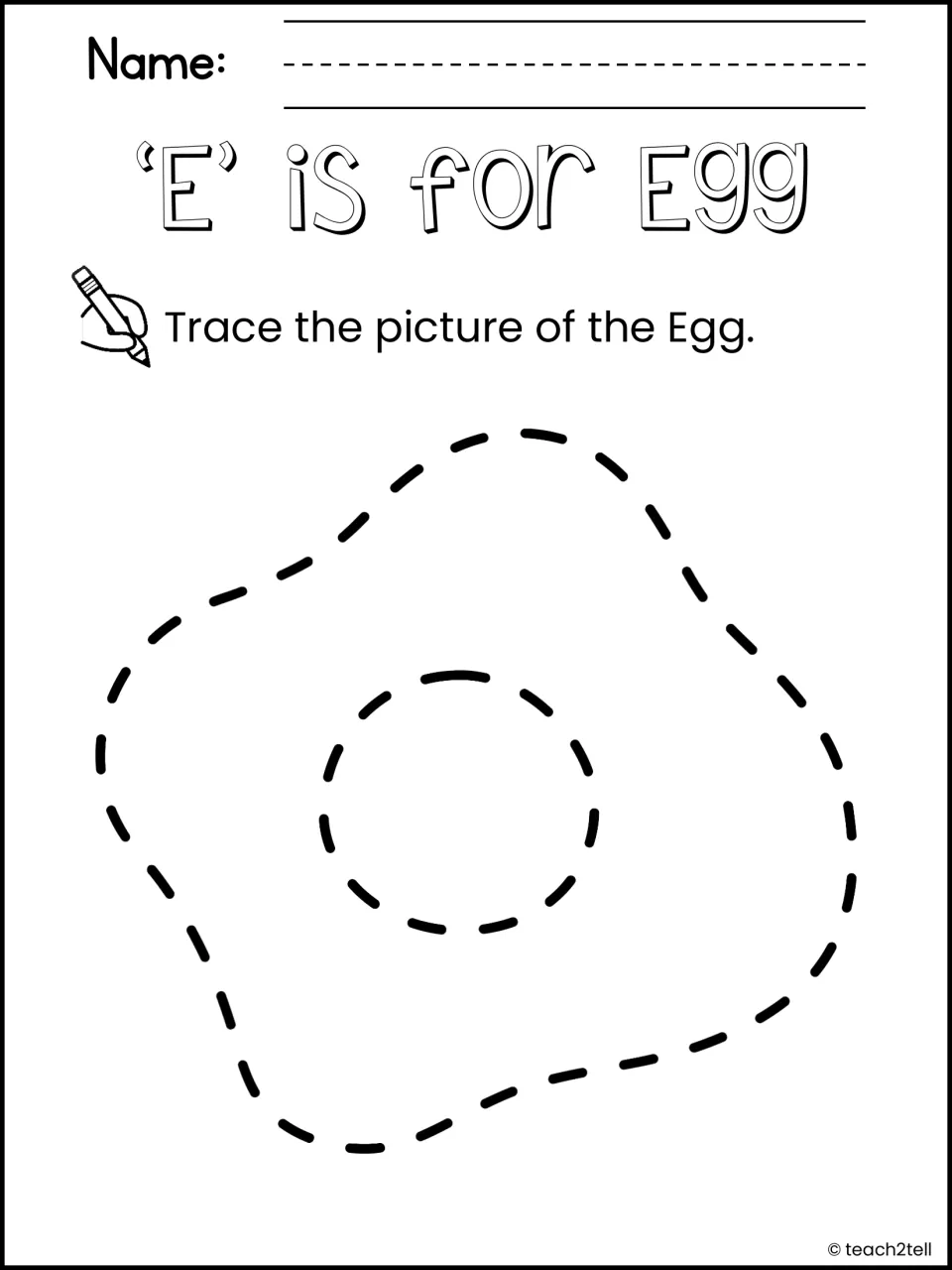 'E' is for Egg: students trace a dashed outline of a fried egg and its yolk while connecting the word egg to the letter E