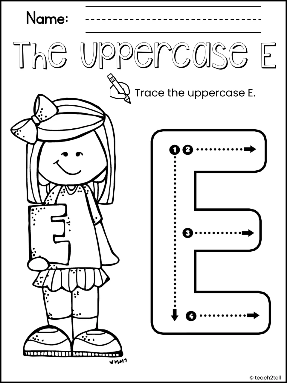 The Uppercase E: students trace a large capital E following numbered stroke arrows 1 to 4 for correct letter formation