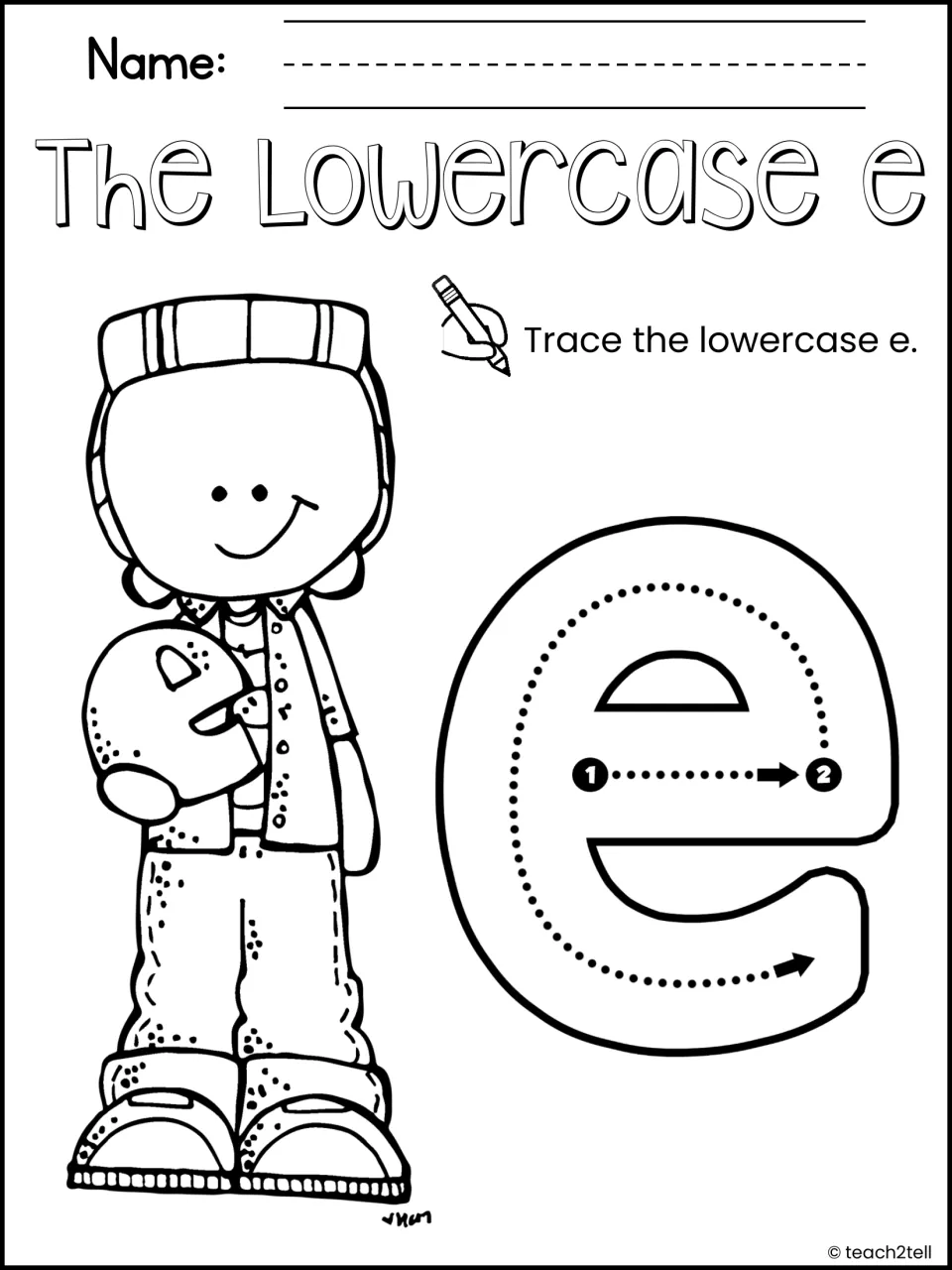 The Lowercase e: students trace a large lowercase e along a dotted path, starting at numbered points 1 and 2