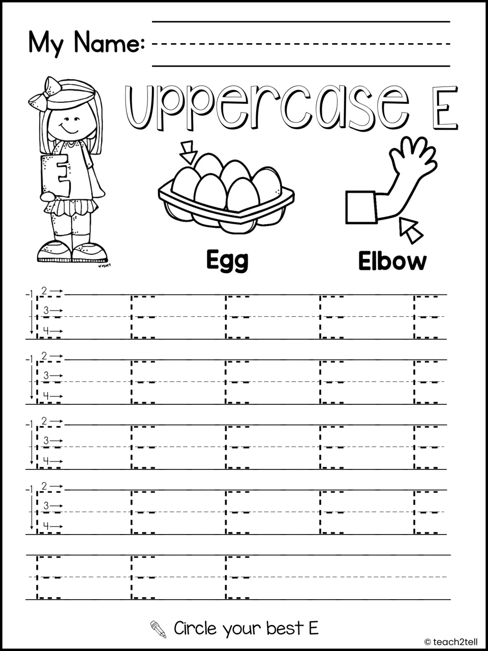 Uppercase E handwriting: students trace rows of dotted capital Es with stroke numbers, beside Egg and Elbow pictures
