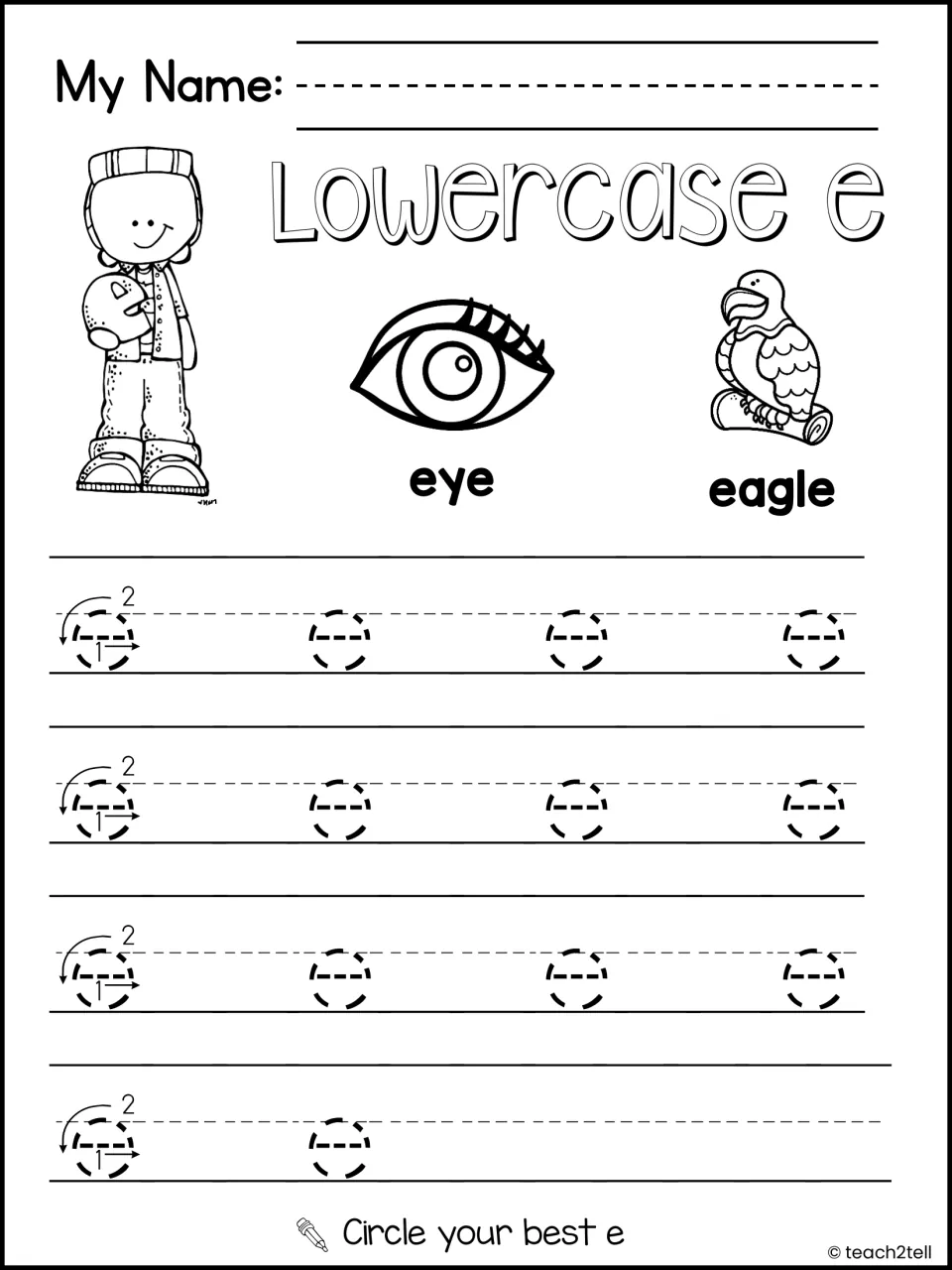 Lowercase e handwriting: students trace rows of dotted lowercase e with stroke arrows, beside eye and eagle pictures