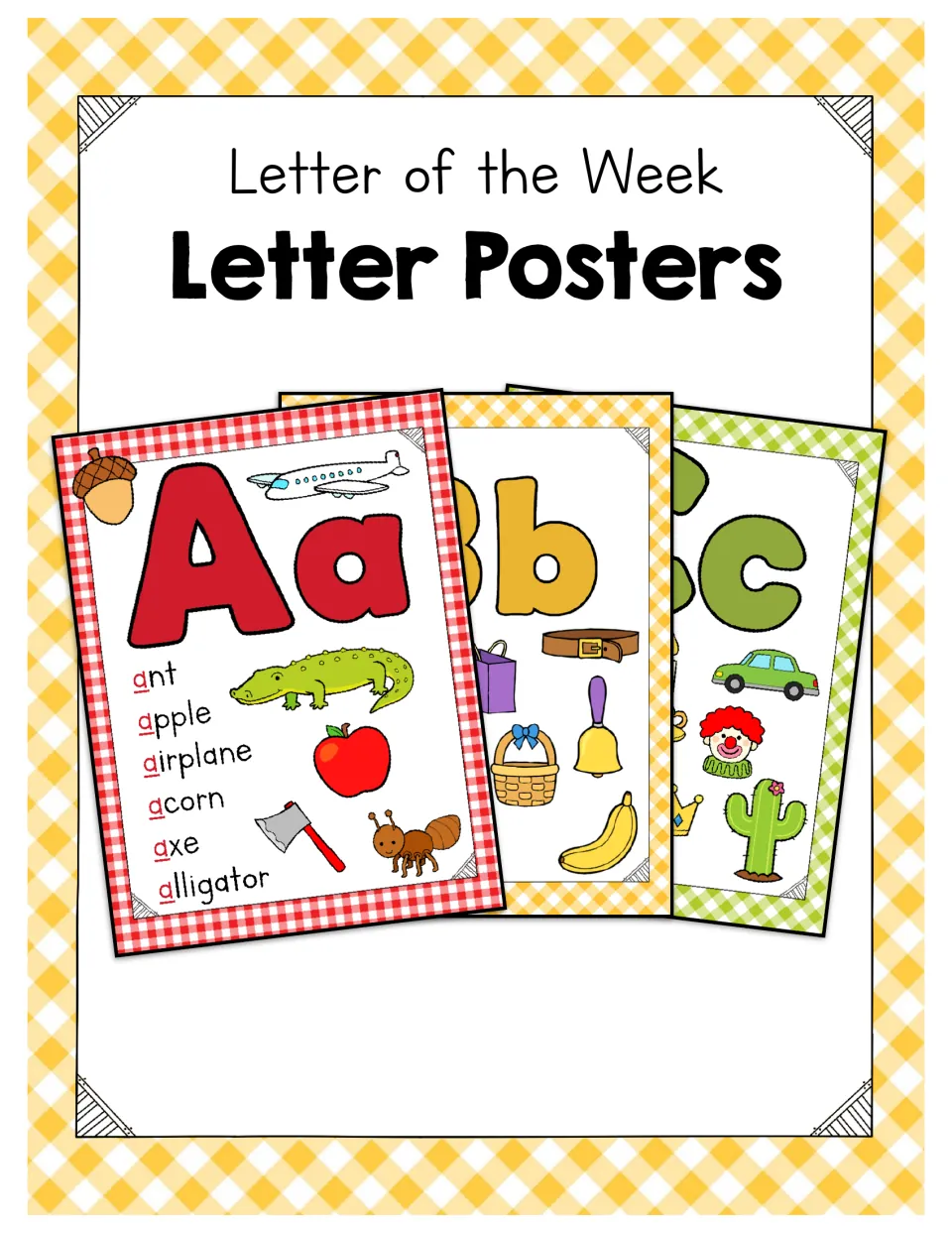 Letter of the Week Letter Posters cover showing Aa, Bb and Cc posters with picture words like apple, belt and car