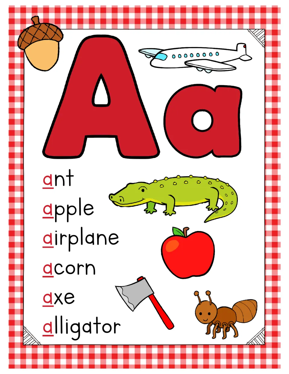 Letter Aa poster: ant, apple, airplane, acorn, axe and alligator pictured, each word's first a underlined in red