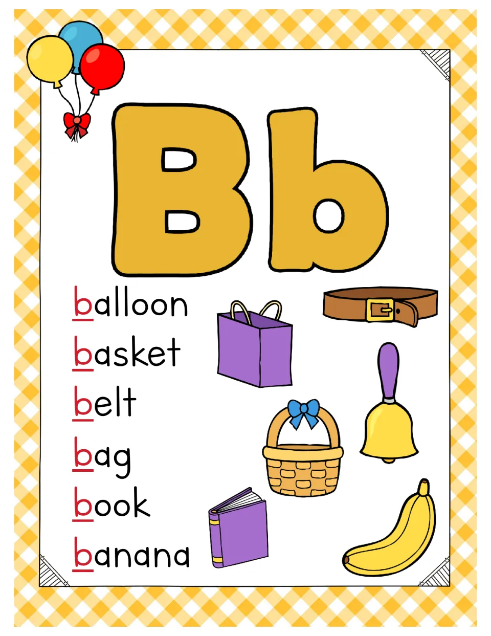 Letter Bb poster with balloon, basket, belt, bag, book and banana pictures for hearing the beginning b sound
