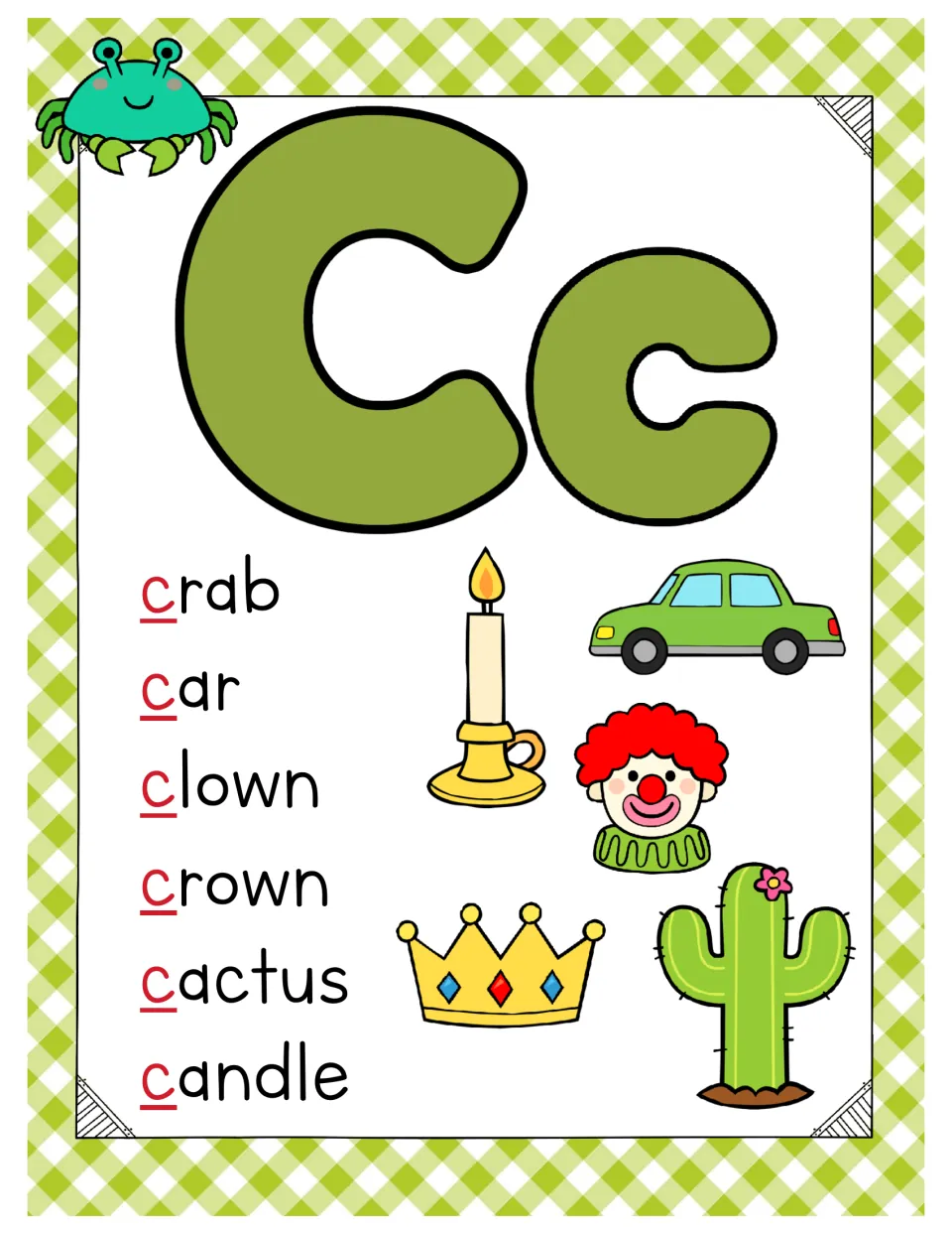 Letter Cc poster: crab, car, clown, crown, cactus and candle illustrate the hard c beginning sound, c marked in red
