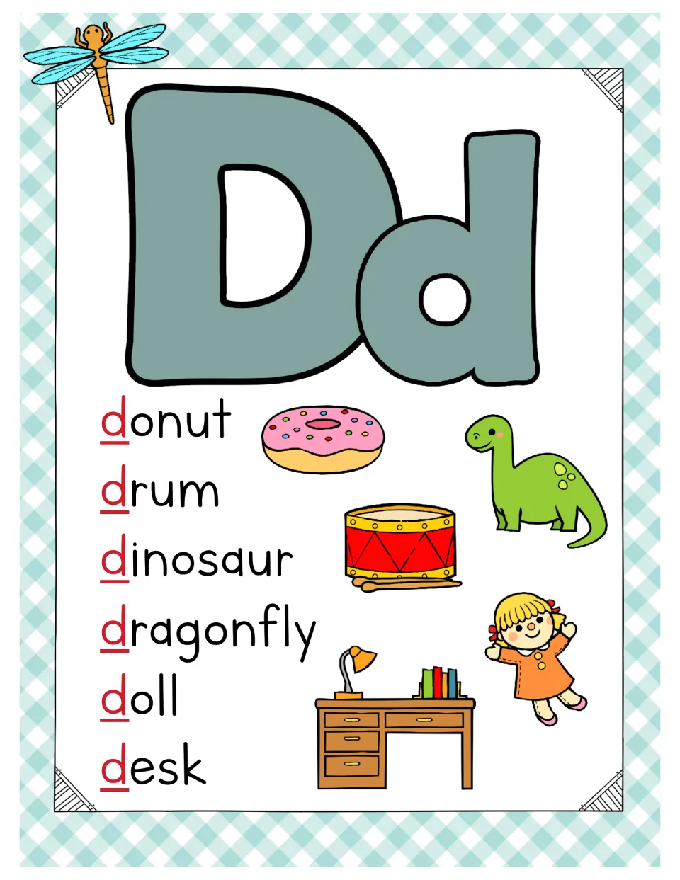 Letter Dd poster naming donut, drum, dinosaur, dragonfly, doll and desk, each beginning d underlined in red