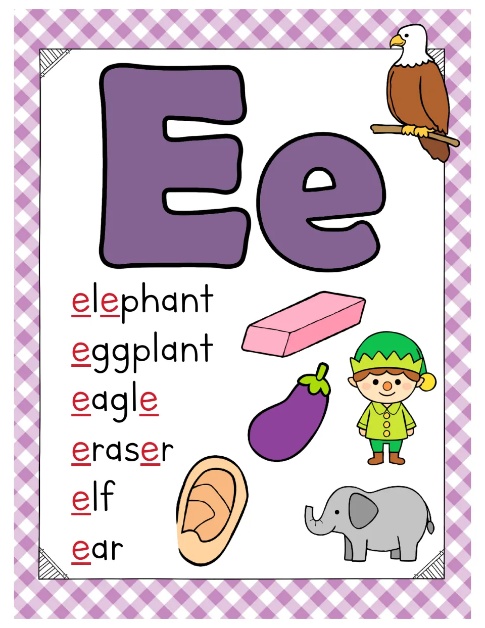 Letter Ee poster: elephant, eggplant, eagle, eraser, elf and ear, with every e in the words marked in red