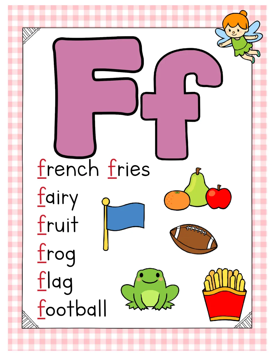 Letter Ff poster with french fries, fairy, fruit, frog, flag and football pictures, initial f letters in red