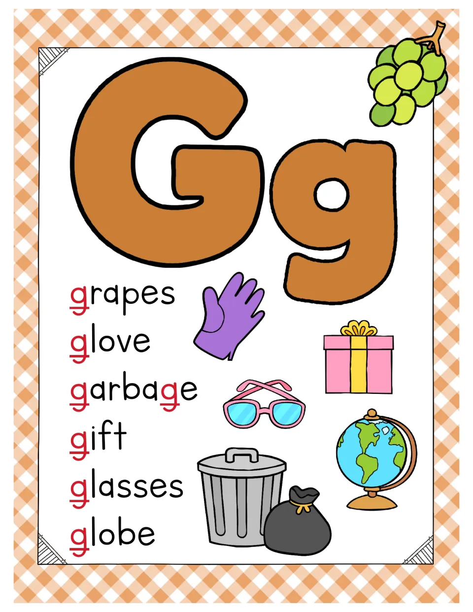 Letter Gg poster: grapes, glove, garbage, gift, glasses and globe, each g highlighted in red, including garbage's second g