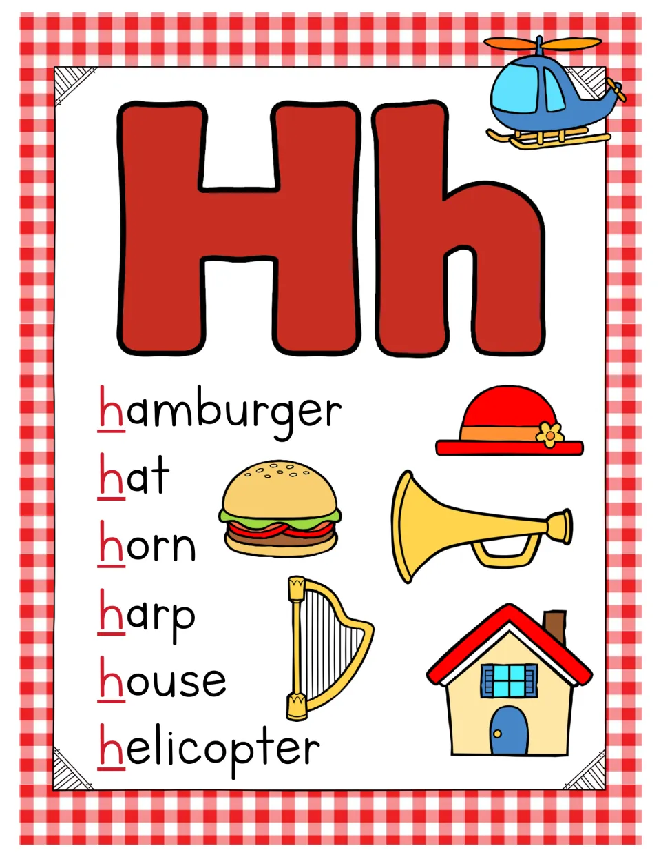 Letter Hh poster featuring hamburger, hat, horn, harp, house and helicopter with the starting h underlined in red