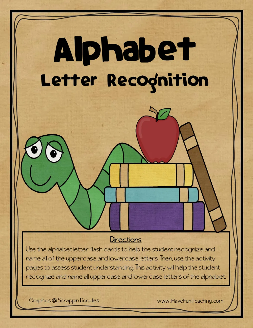 Alphabet Letter Recognition cover with directions: use letter flash cards, then activity pages to check upper and lowercase
