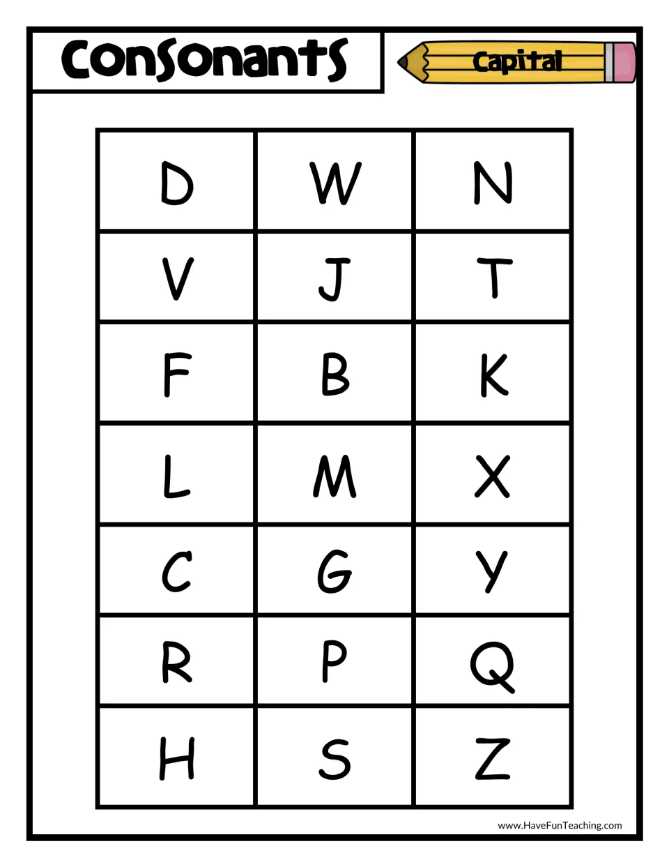 Capital consonants chart: students name 21 uppercase consonants in mixed order, from D, W and N down to H, S and Z