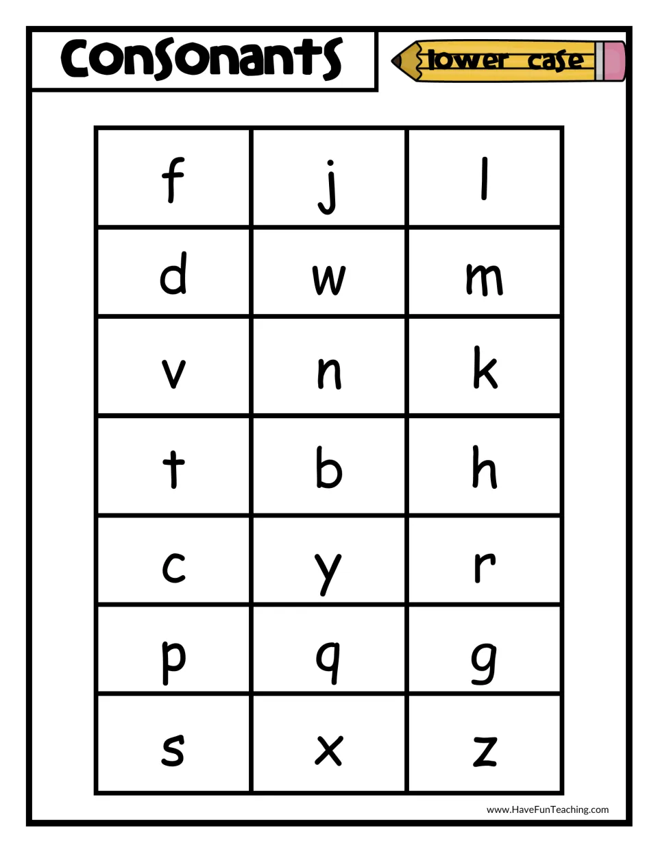 Lowercase consonants chart: students identify 21 small consonants in scrambled order, starting f, j, l and ending s, x, z