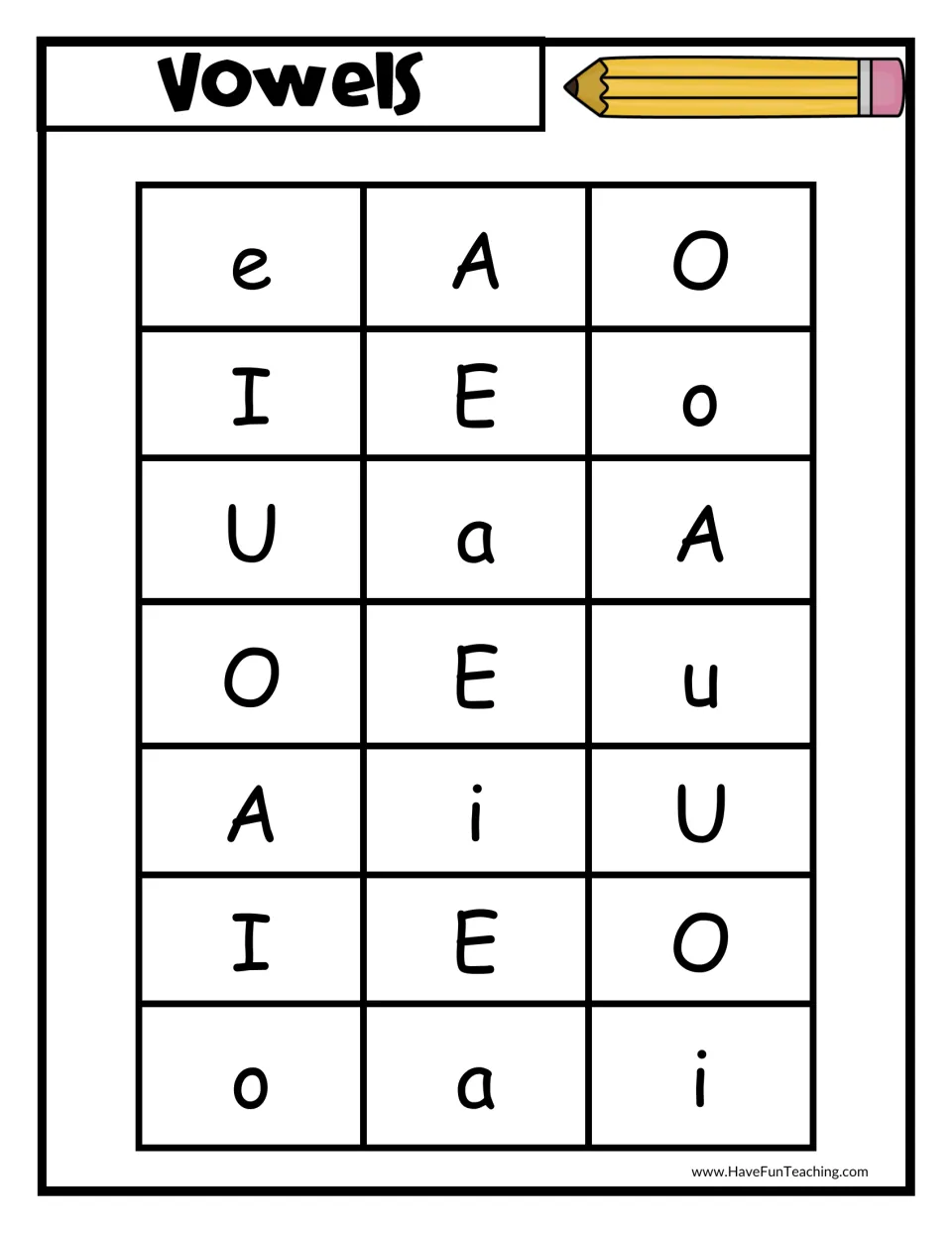 Vowels chart: students name a, e, i, o and u in a scrambled mix of uppercase and lowercase forms across 21 letters