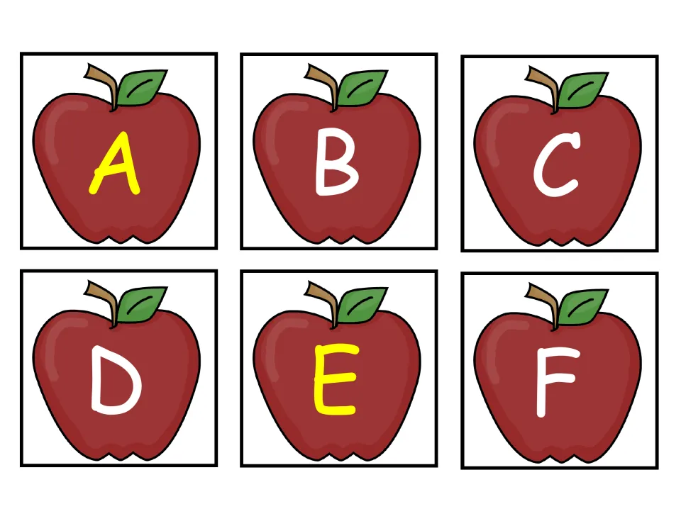 Apple flash cards for uppercase A to F; vowels A and E are printed in yellow and the consonants in white on red apples