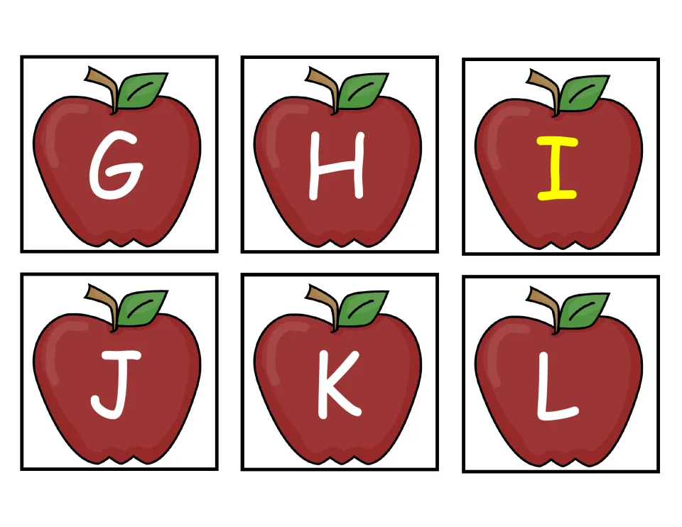 Apple flash cards for capital letters G to L, with the vowel I shown in yellow and consonants G, H, J, K and L in white