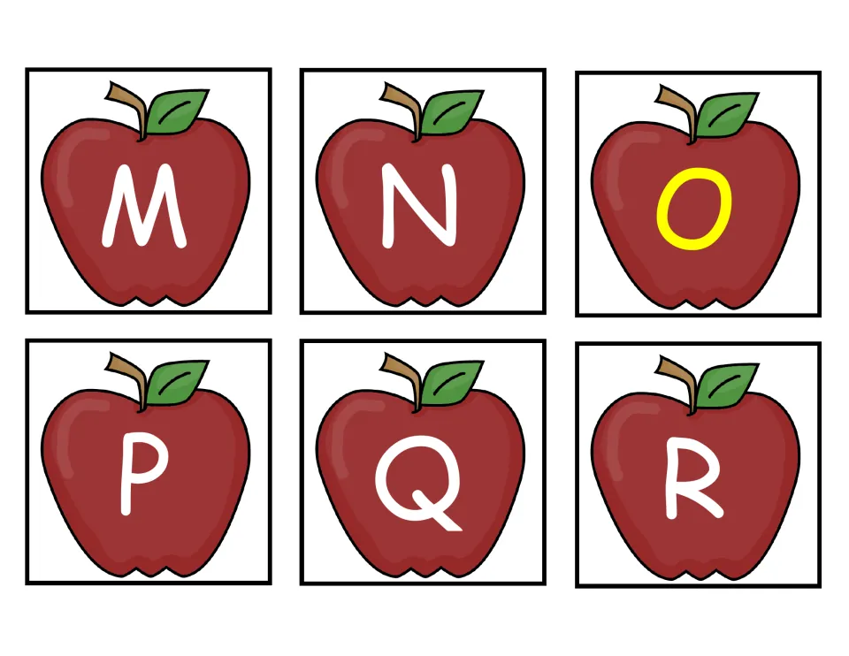Apple flash cards for uppercase M to R: the vowel O stands out in yellow beside white consonants M, N, P, Q and R