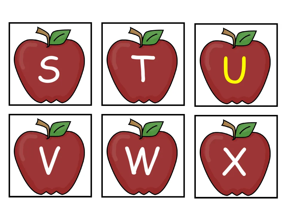 Apple flash cards for capital S to X, where U is the yellow vowel and S, T, V, W and X appear as white consonants