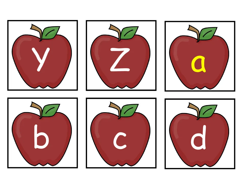 Apple flash cards finishing capitals with Y and Z, then starting lowercase letters a to d, with the vowel a in yellow