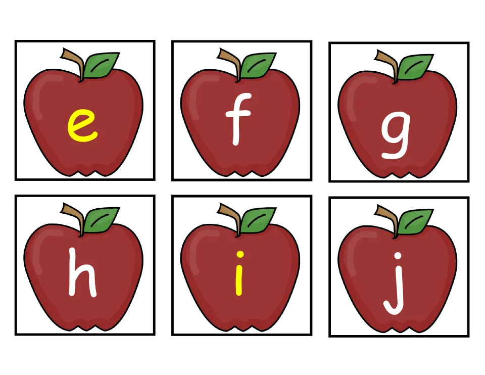 Apple flash cards for lowercase e to j; vowels e and i are yellow while f, g, h and j are white on red apples