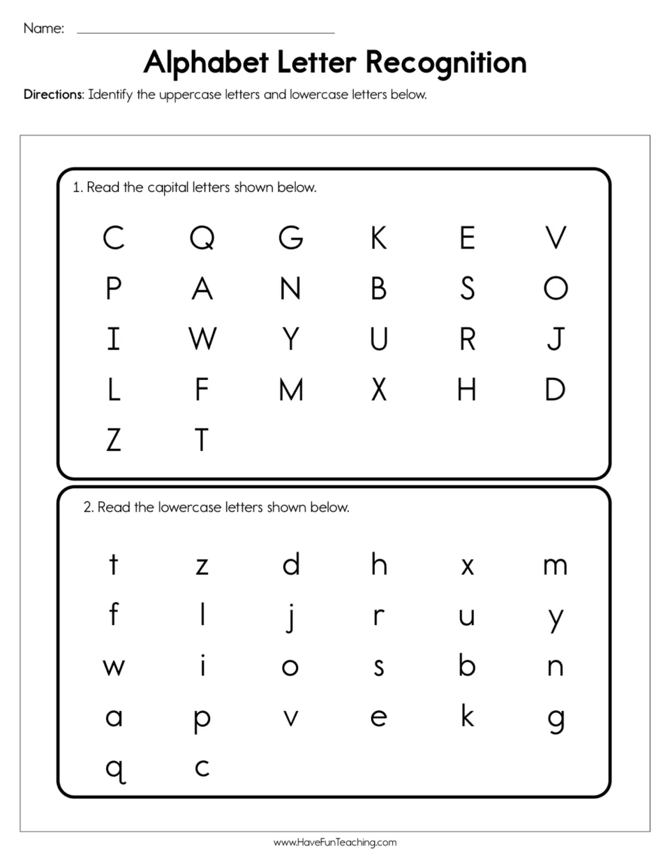 Letter recognition check: students read all 26 capital letters, then all 26 lowercase letters, each set in mixed order