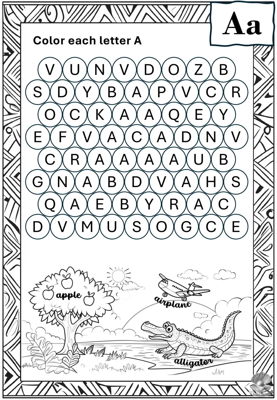 Letter A recognition: students color every A in rows of mixed letters, then color an apple tree, airplane and alligator
