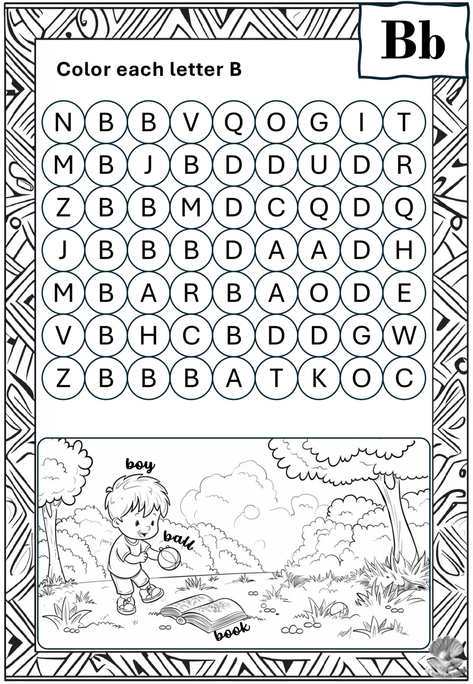 Letter B recognition: students find and color each B among mixed letters, then color a park scene of a boy, ball and book