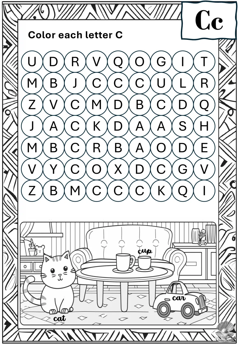 Letter C recognition: students spot and color every C among mixed letters, then color a living room with a cat, cup and car