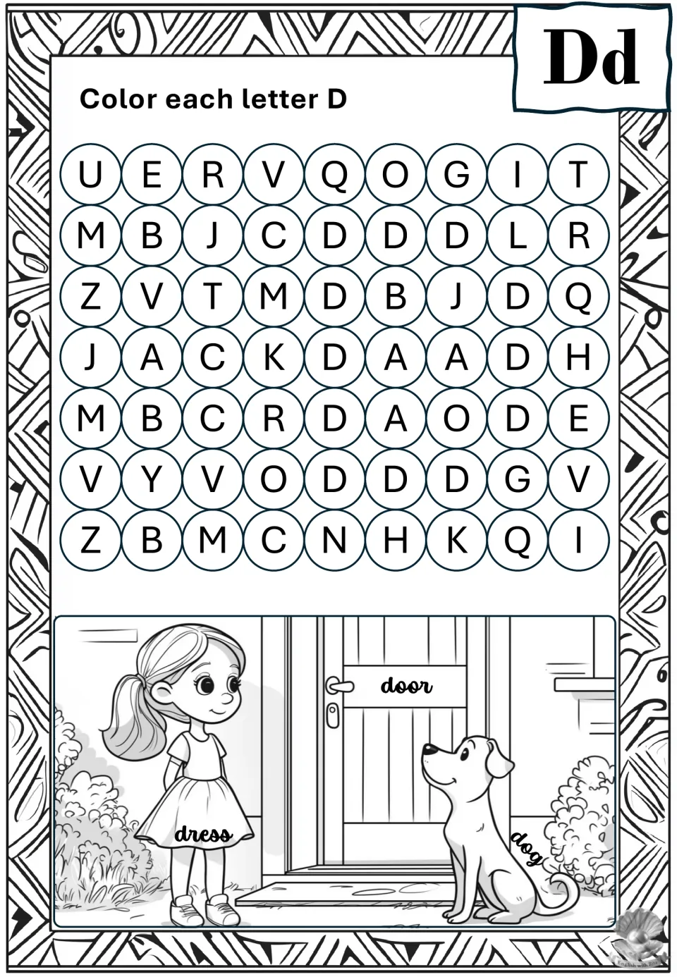 Letter D recognition: students color each D hidden among other letters, then color a girl's dress, a dog and a front door