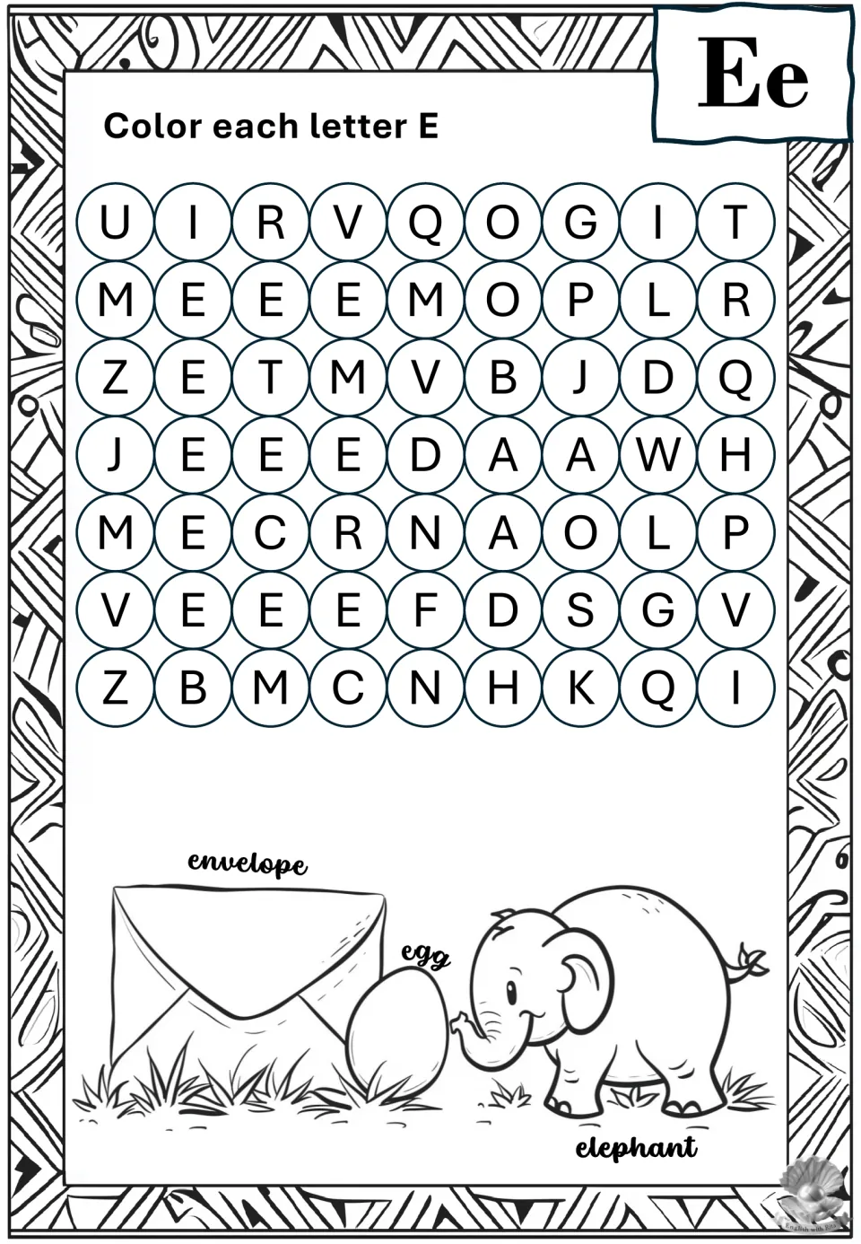 Letter E recognition: students color every E among mixed letters, then color an envelope, an egg and an elephant