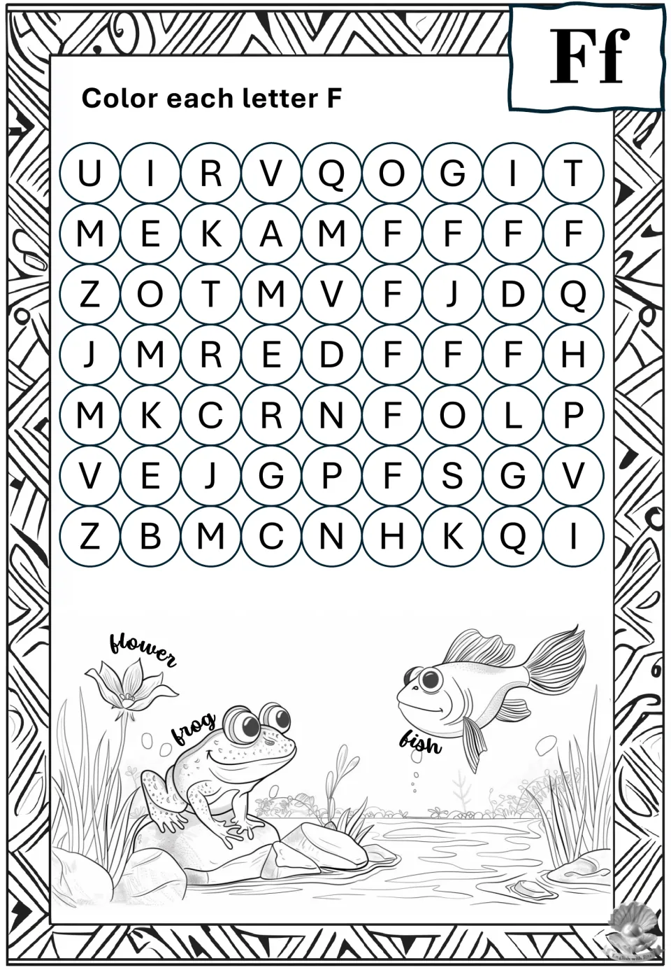 Letter F recognition: students color each F among mixed letters, then color a pond scene with a flower, a frog and a fish