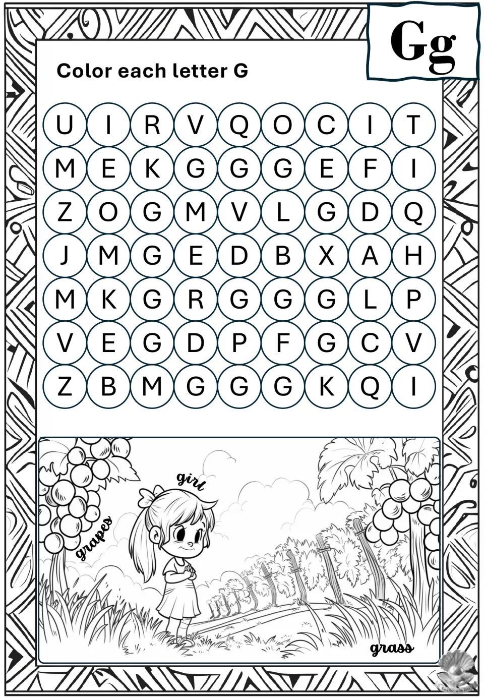 Letter G recognition: students find and color every G among mixed letters, then color a girl with grapes and grass