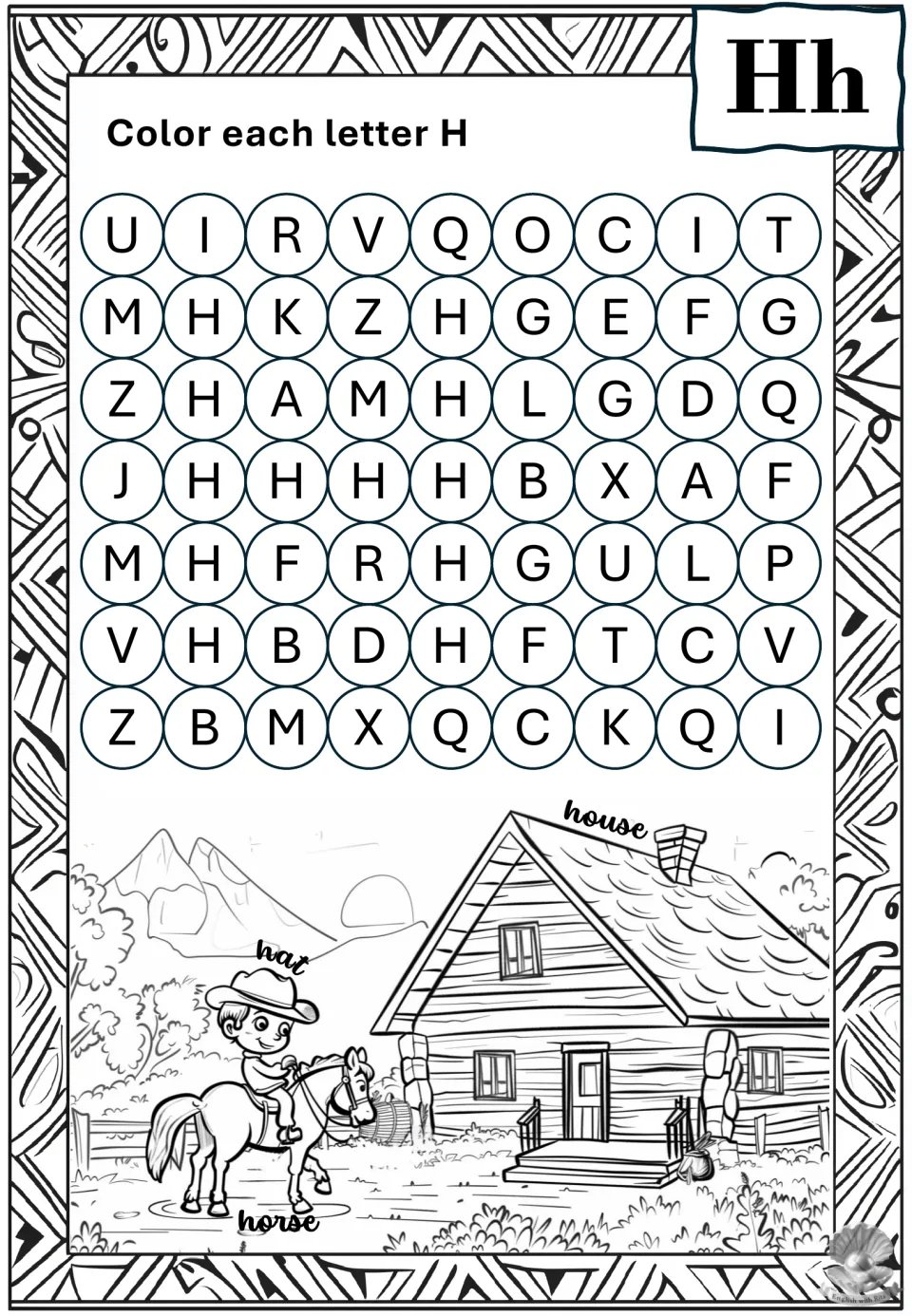 Letter H recognition: students color each H among mixed letters, then color a boy in a hat riding a horse beside a house