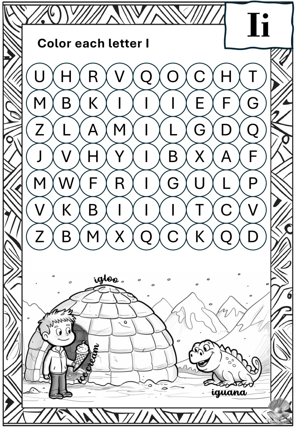 Letter I recognition: students color each I among mixed letters, then color an igloo, an iguana and an ice cream cone