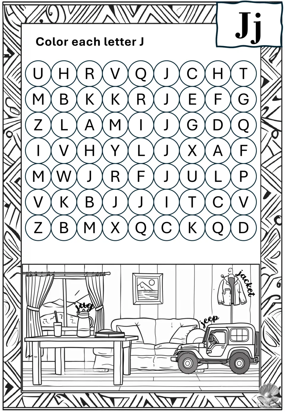 Letter J recognition: students color every J among mixed letters, then color a room with a jug, a jacket and a toy jeep