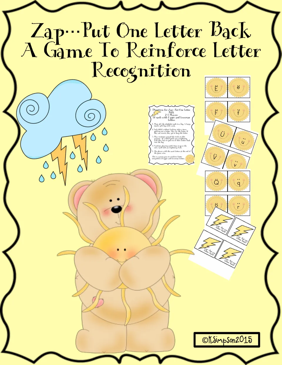 Cover of Zap...Put One Letter Back, a letter recognition game, showing sample letter and lightning cards