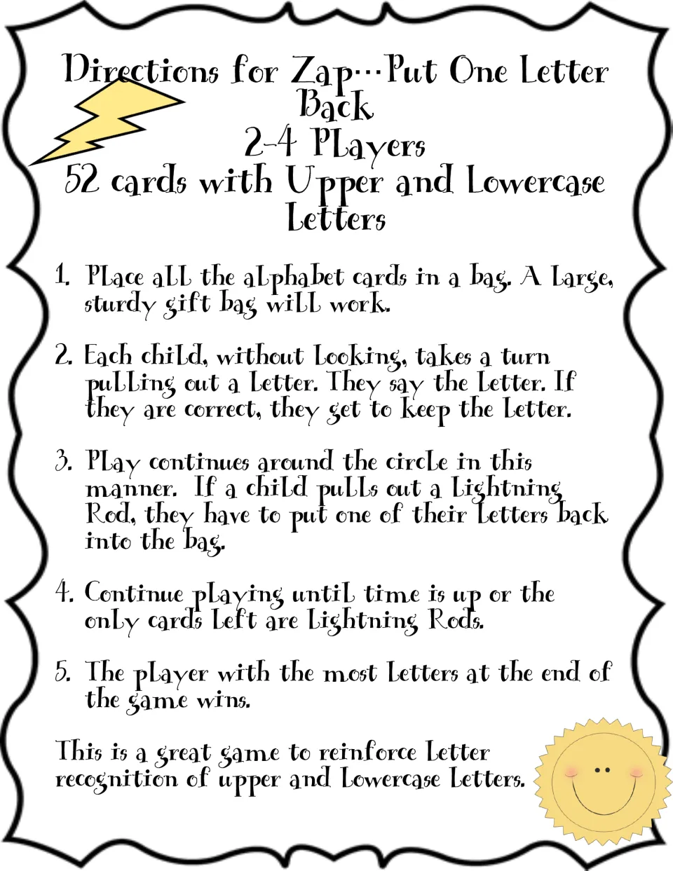 Game directions for 2–4 players: name drawn letters, keep correct ones, and return one when lightning is drawn