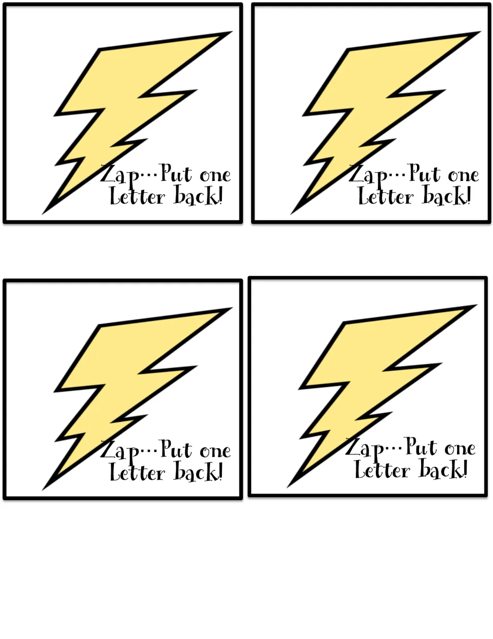 Four lightning cards for the alphabet recognition game, each telling players to put one letter back